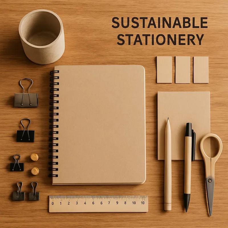 Sustainable stationery flat lay on wooden desk