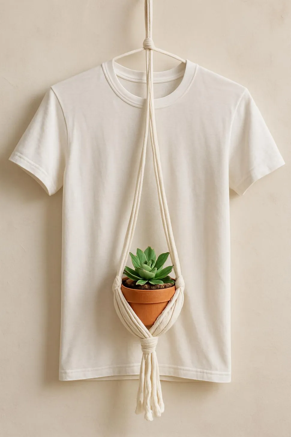 T-shirt plant hanger with a small succulent