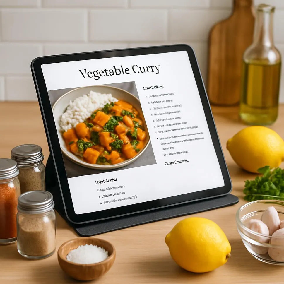 Tablet on a stand showing a recipe near spices and ingredients