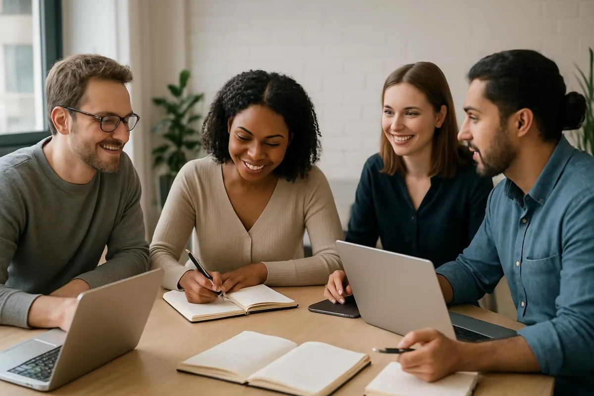 Team collaborating at a table with laptops and notebooks