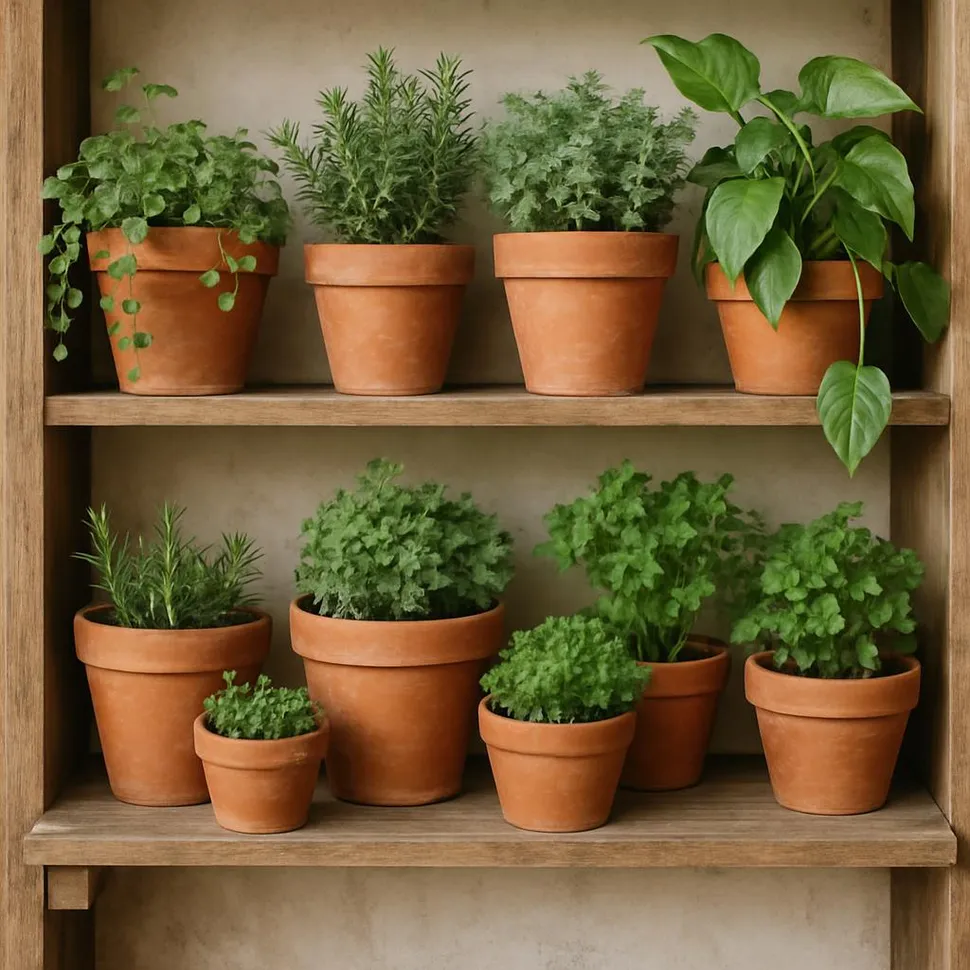 Terracotta pots arranged on a wooden shelf with greenery
