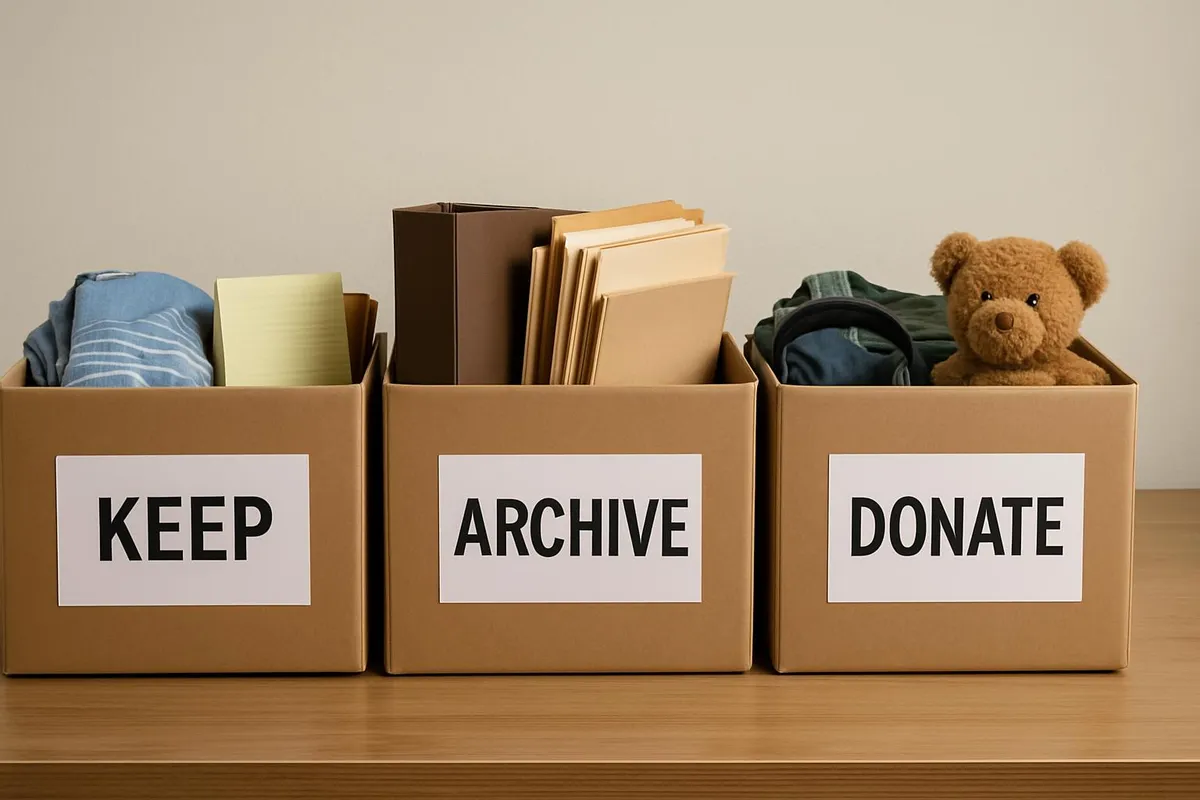Three labeled boxes: Keep, Archive, Donate sitting on a table
