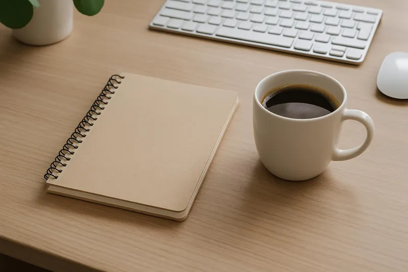 Tidy desk with notebook and coffee
