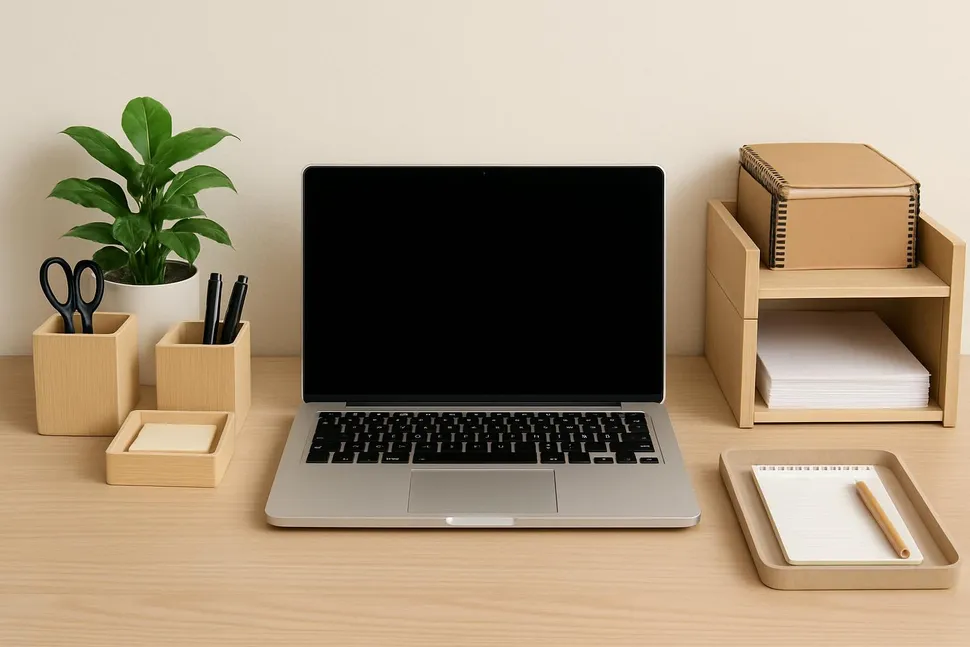 Tidy desk with organizers, laptop and plant for decoration