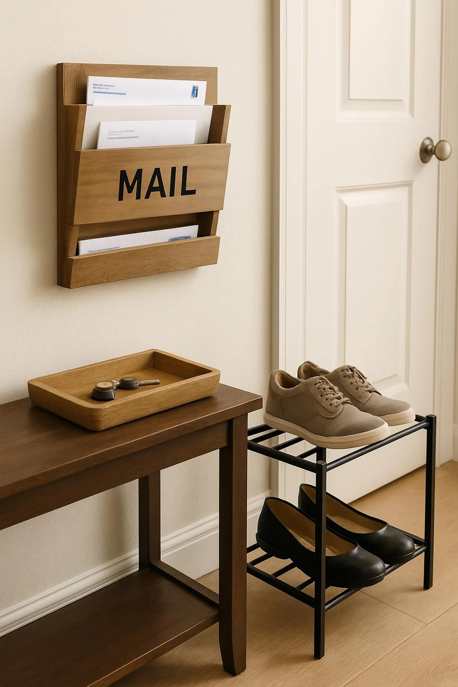 Tidy entryway with a labeled mail sorter, key tray, and two pairs of shoes on a rack