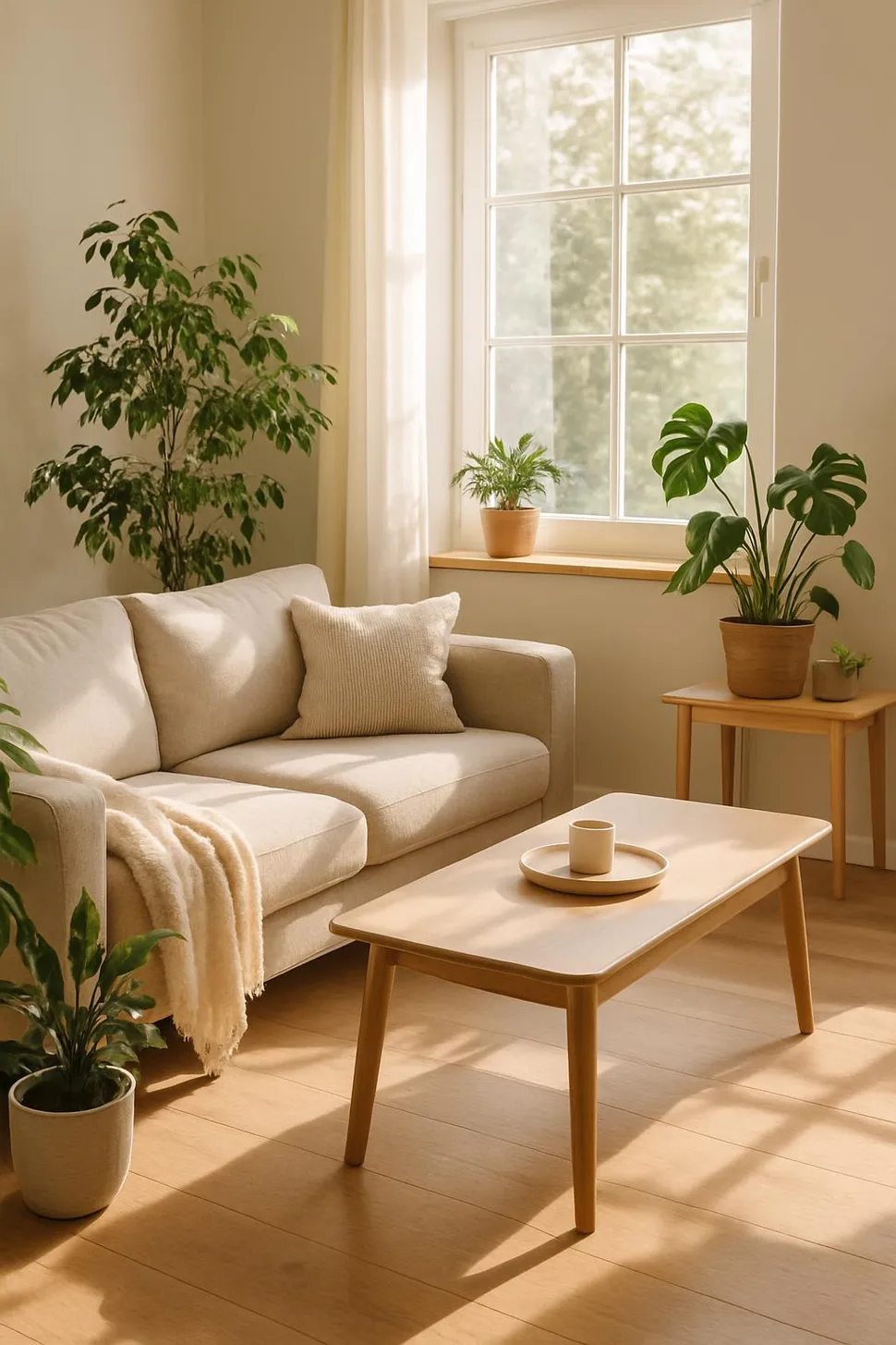 Tidy living space with plants and sunlight