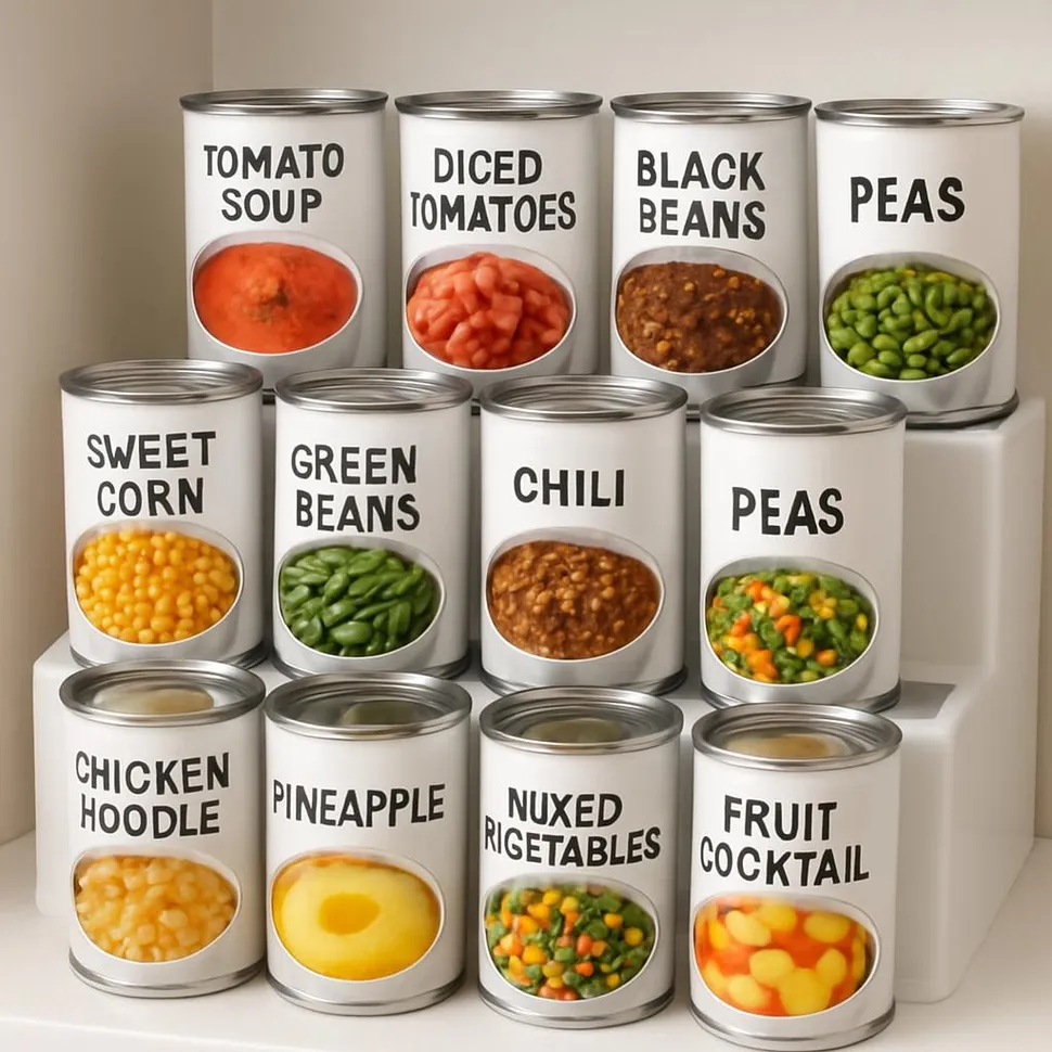Tiered can riser showing labeled cans for easy access