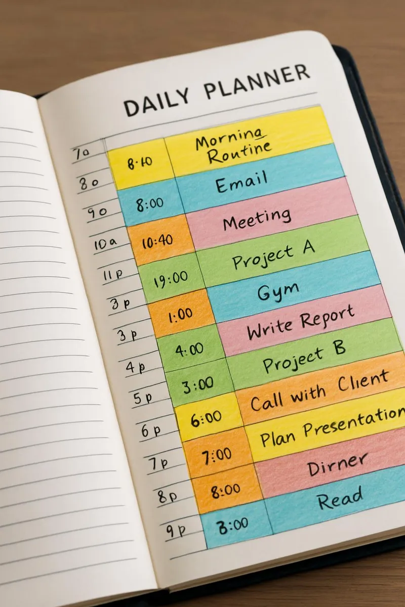 Time-blocked daily planner filled with multicolored entries