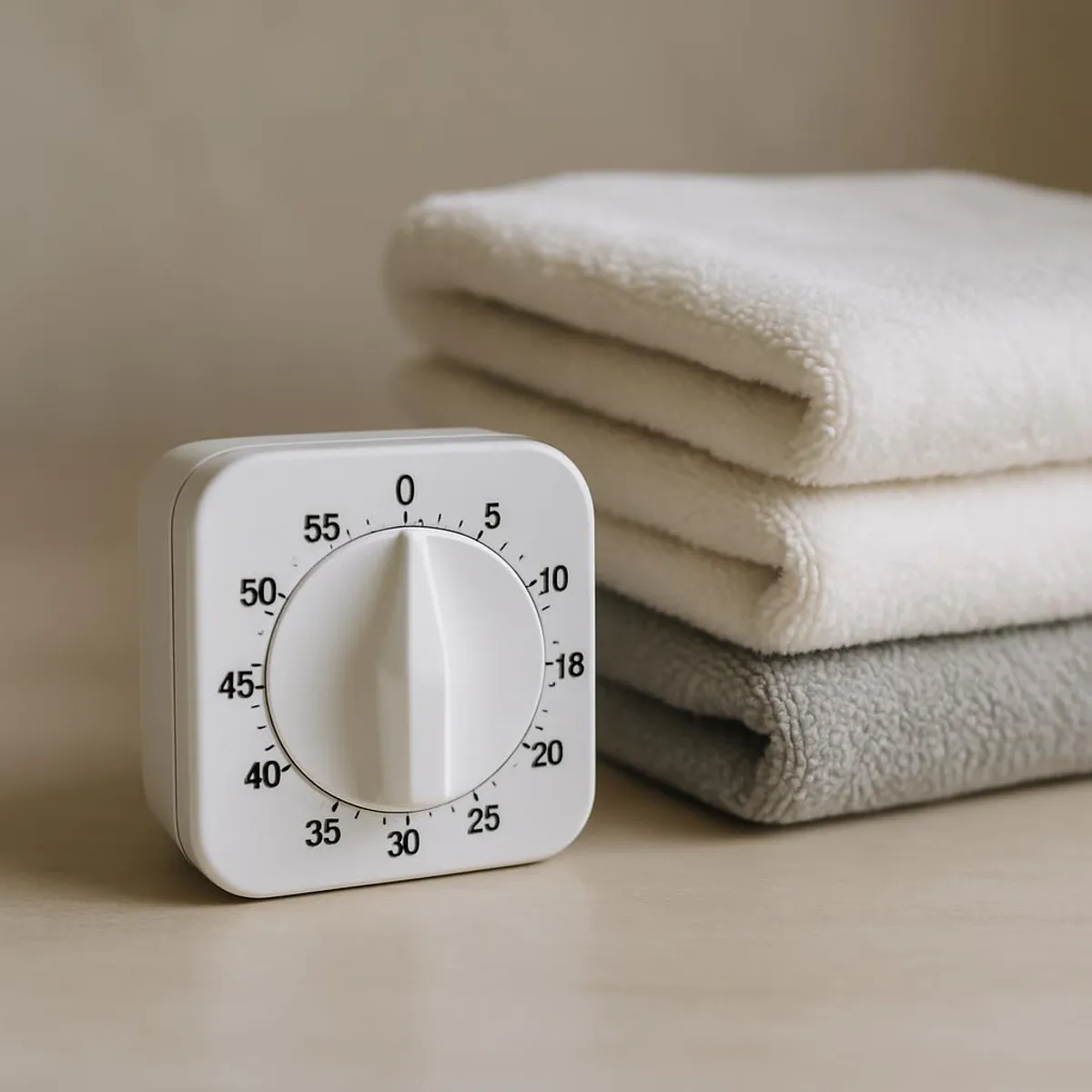 Timer and a folded towel stack signaling a quick maintenance routine