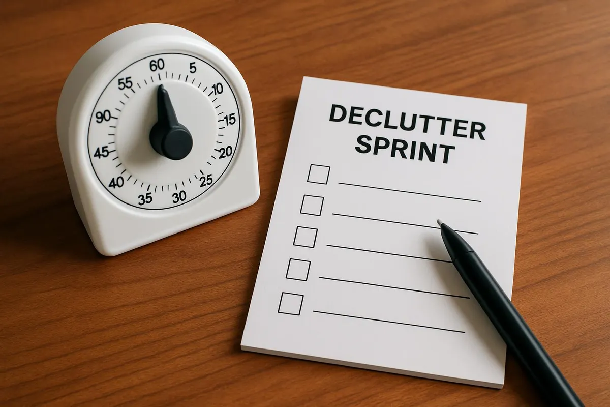Timer and checklist ready for a declutter sprint