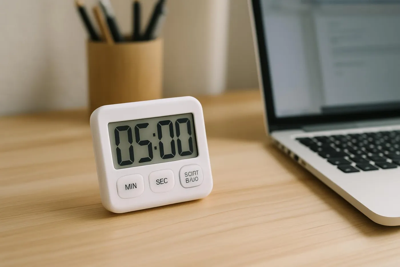 Timer on a desk next to a laptop for a quick drill