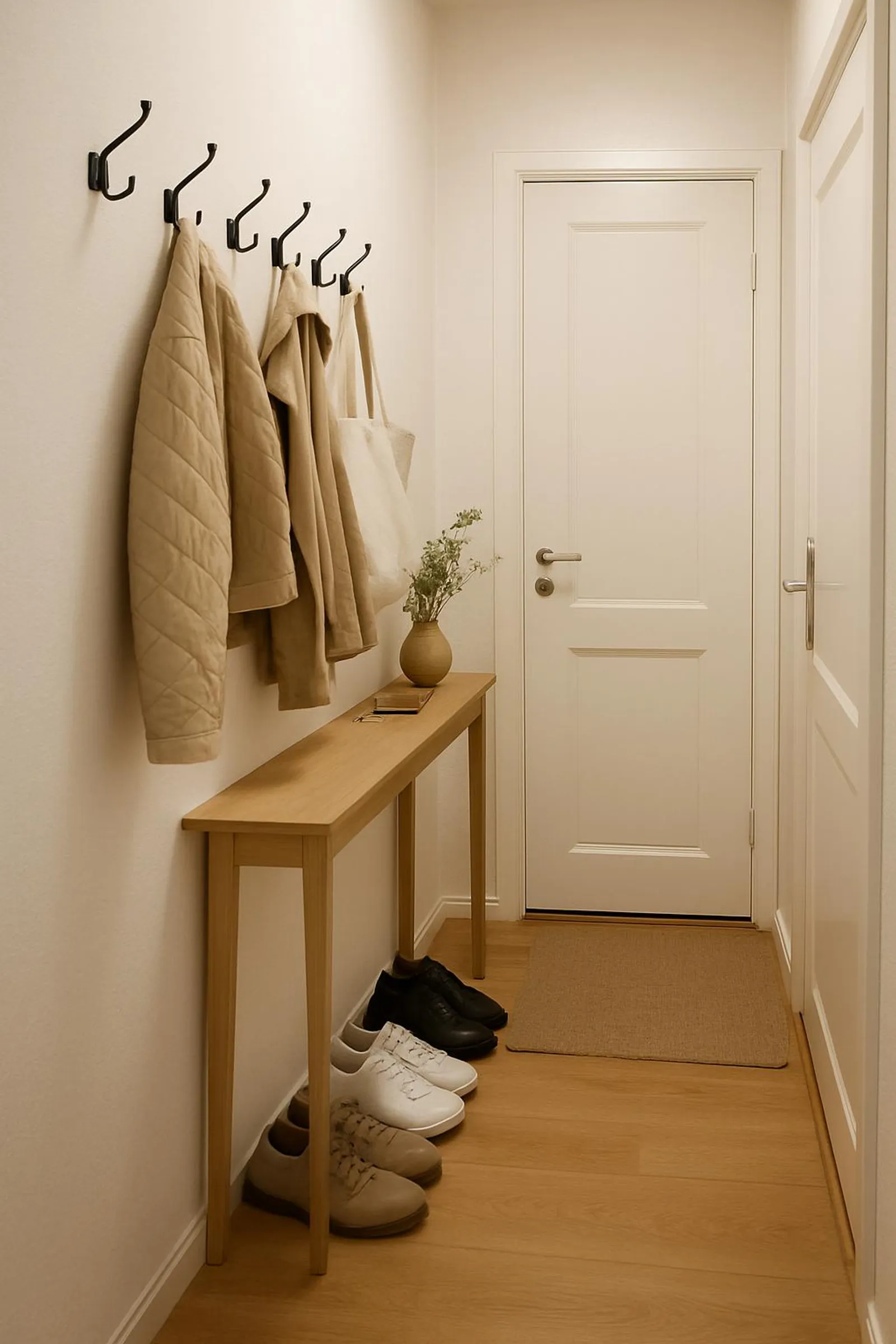 Tiny hallway with a slim console, hooks, and a single row of shoes