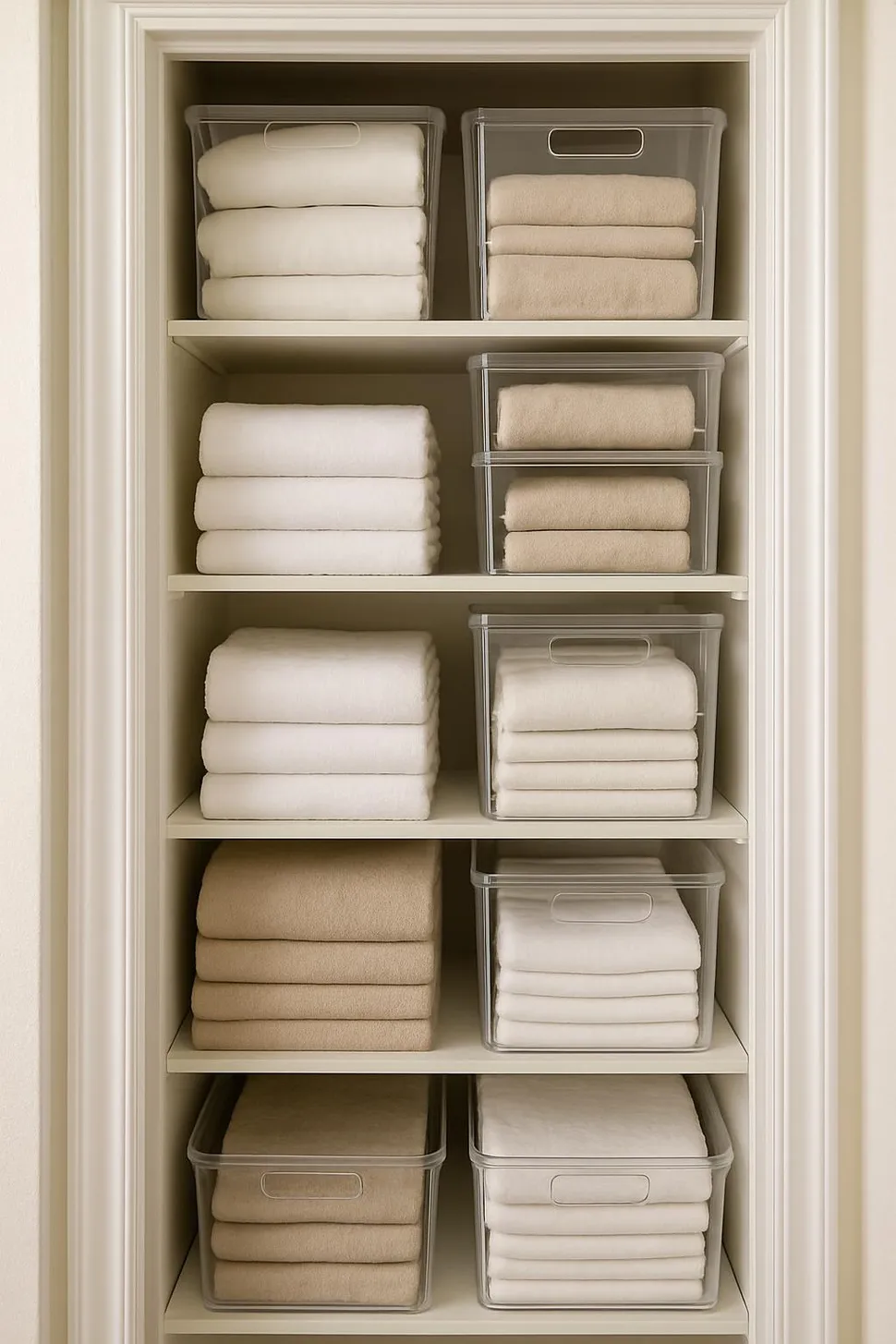 Tiny linen closet using vertical space and clear bins