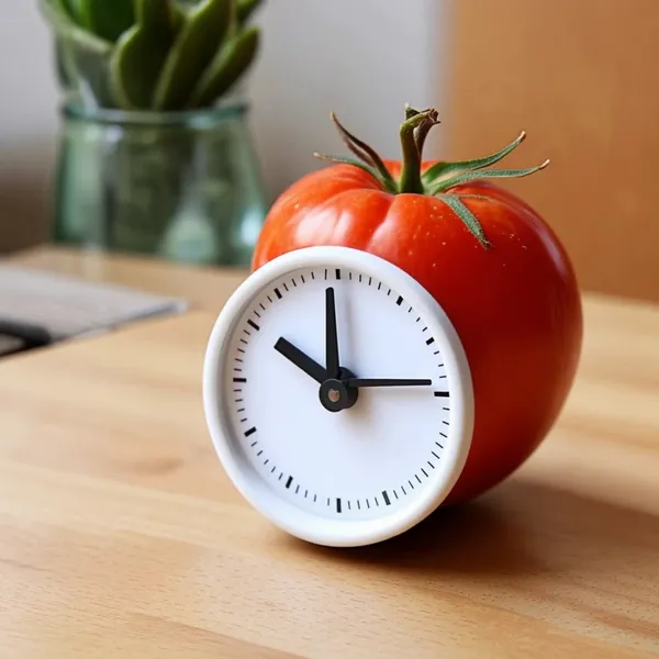 A classic tomato-shaped timer representing the Pomodoro Technique.