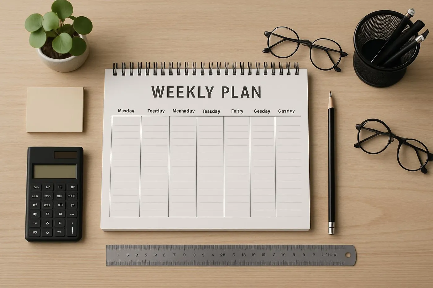 Top-down desk shot with a weekly plan and neatly arranged tools