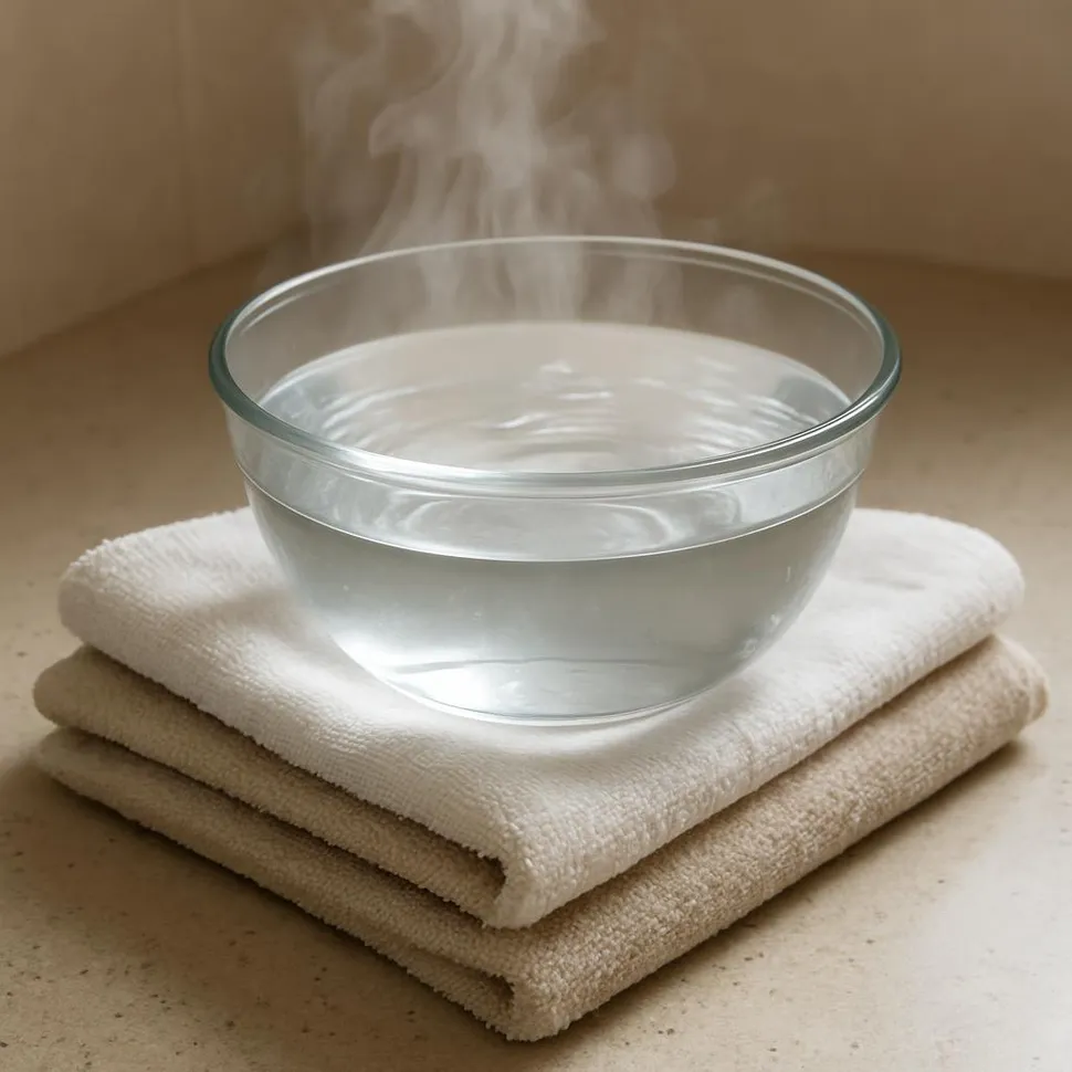 Towels and a bowl of hot water set up for defrosting