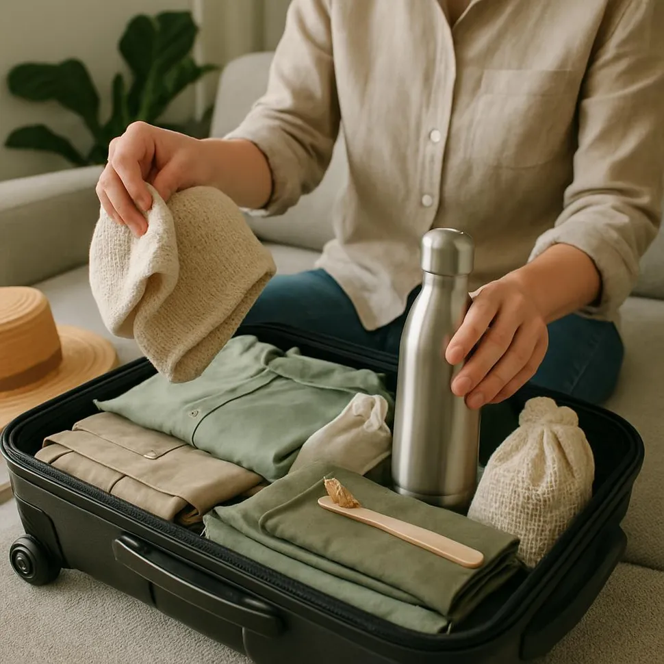 Traveler packing a sustainable carry-on bag