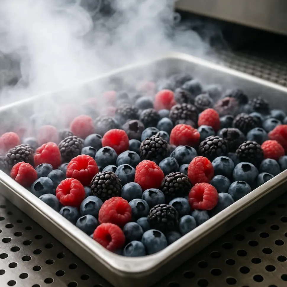 Tray of berries flash-freezing before packing