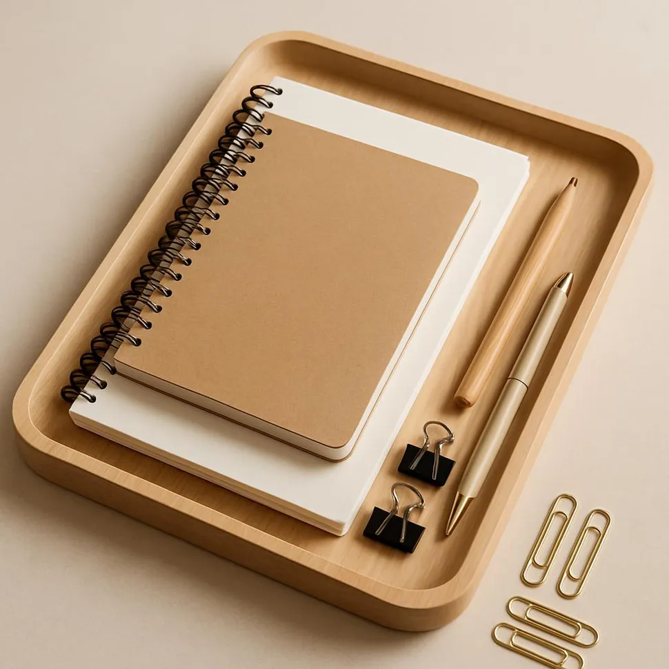 Tray organizer with notebooks and stationery