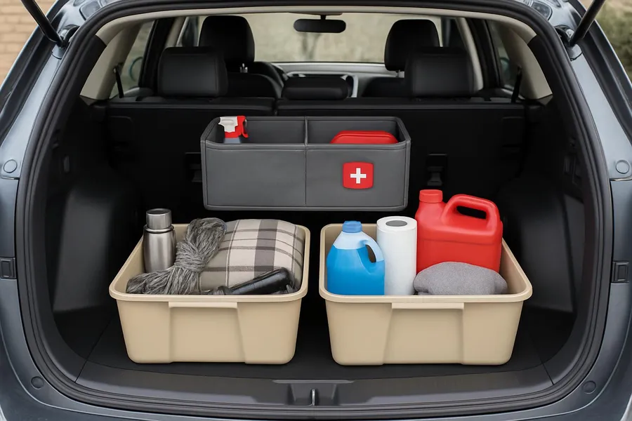 Trunk organized with storage bins and essentials