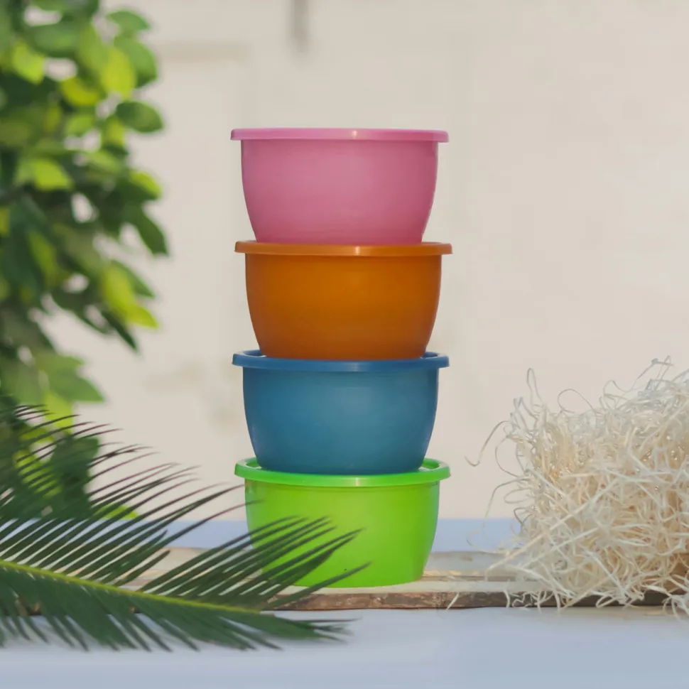 Neatly stacked containers in a kitchen drawer