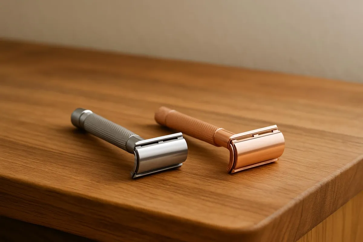 Two beginner-friendly safety razors on a wooden counter