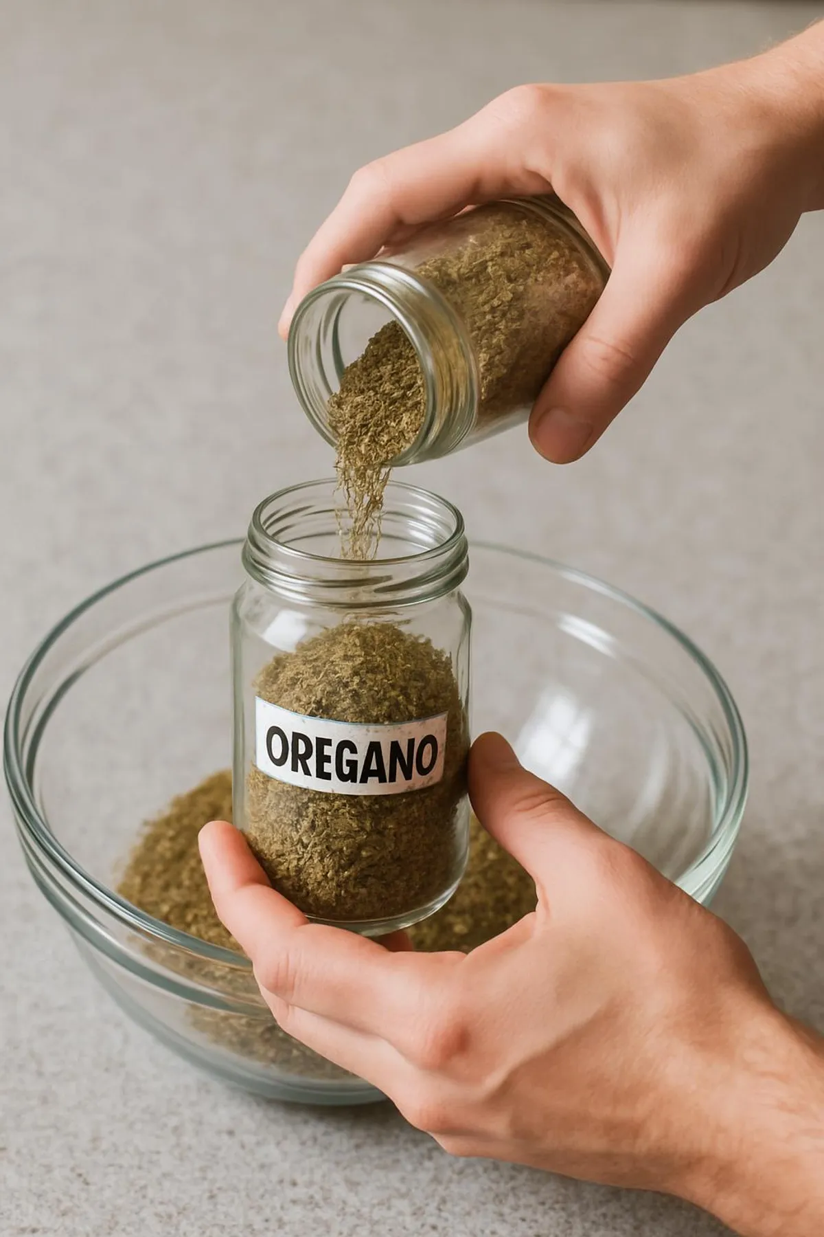 Two hands consolidating duplicate jars of oregano into one labeled jar over a bowl