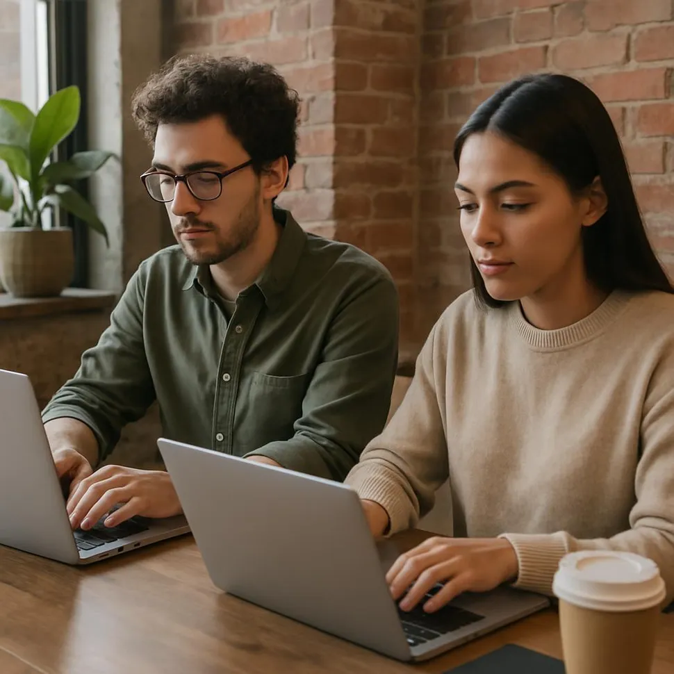 Two people co-working with laptops