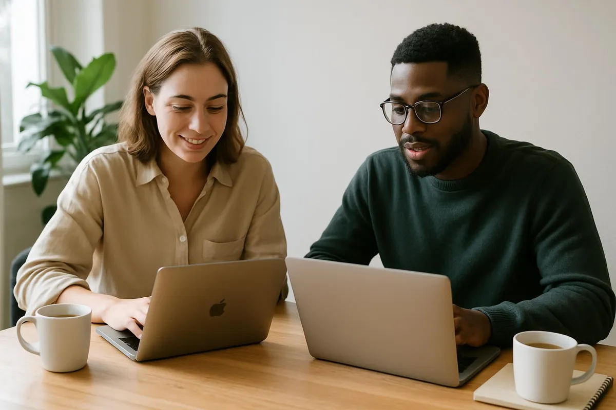 Two people coworking with laptops and coffee at a bright wooden table