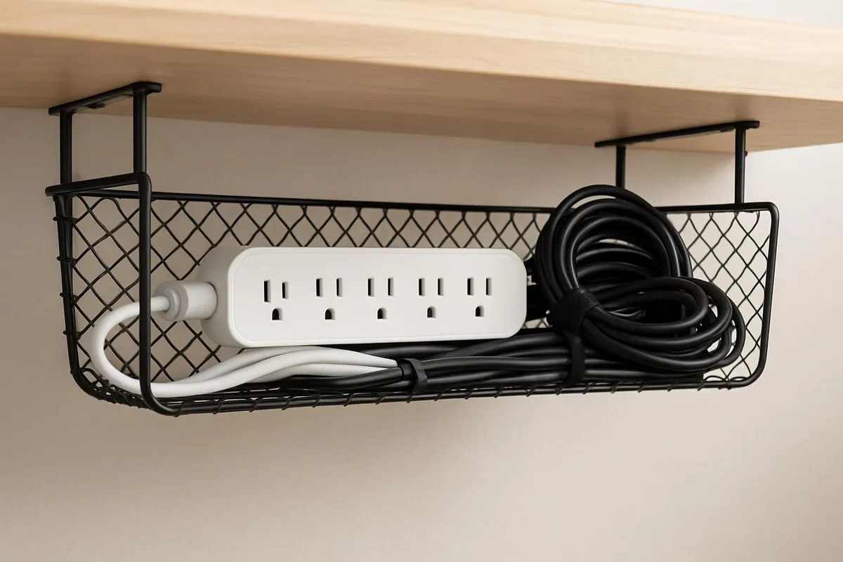 Under-desk cable tray holding a power strip and bundled cords