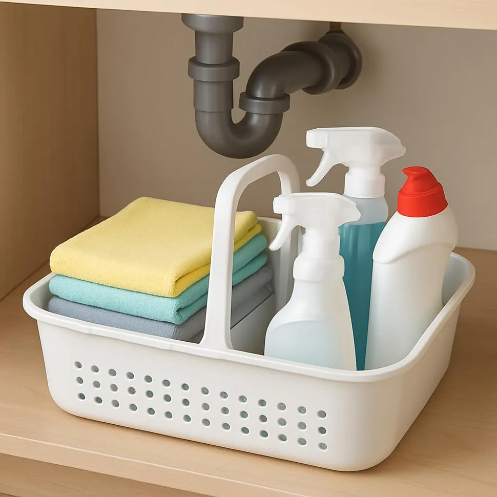 Under-sink caddy with cloths and cleaners organized