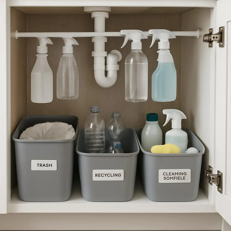 Under-sink setup with bins by task and a tension rod holding sprays
