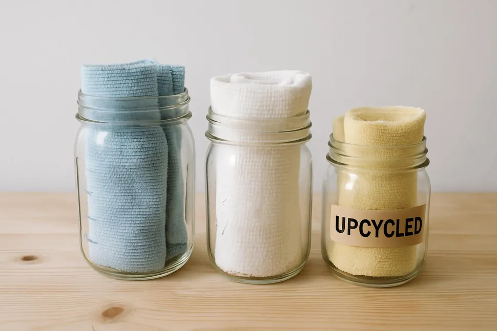 Upcycled jars holding cleaning cloths