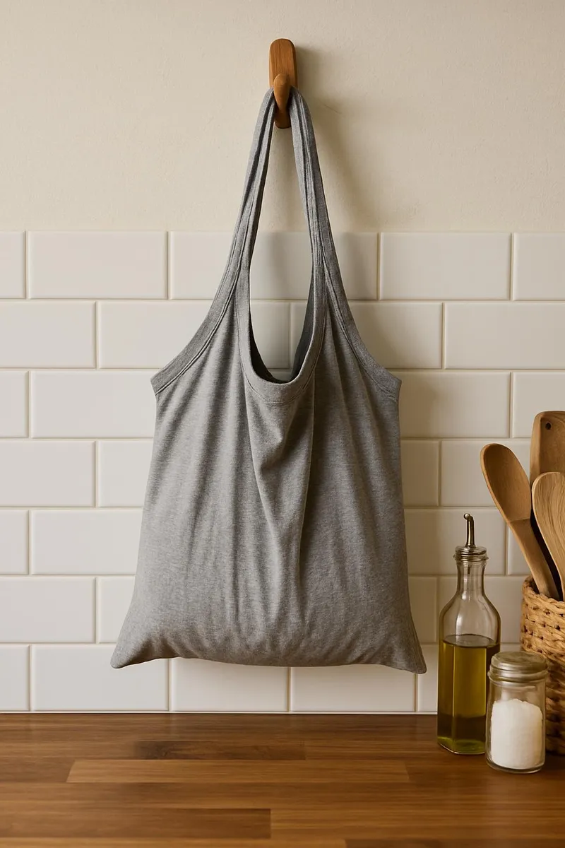 Upcycled t-shirt tote bag hanging on a kitchen hook