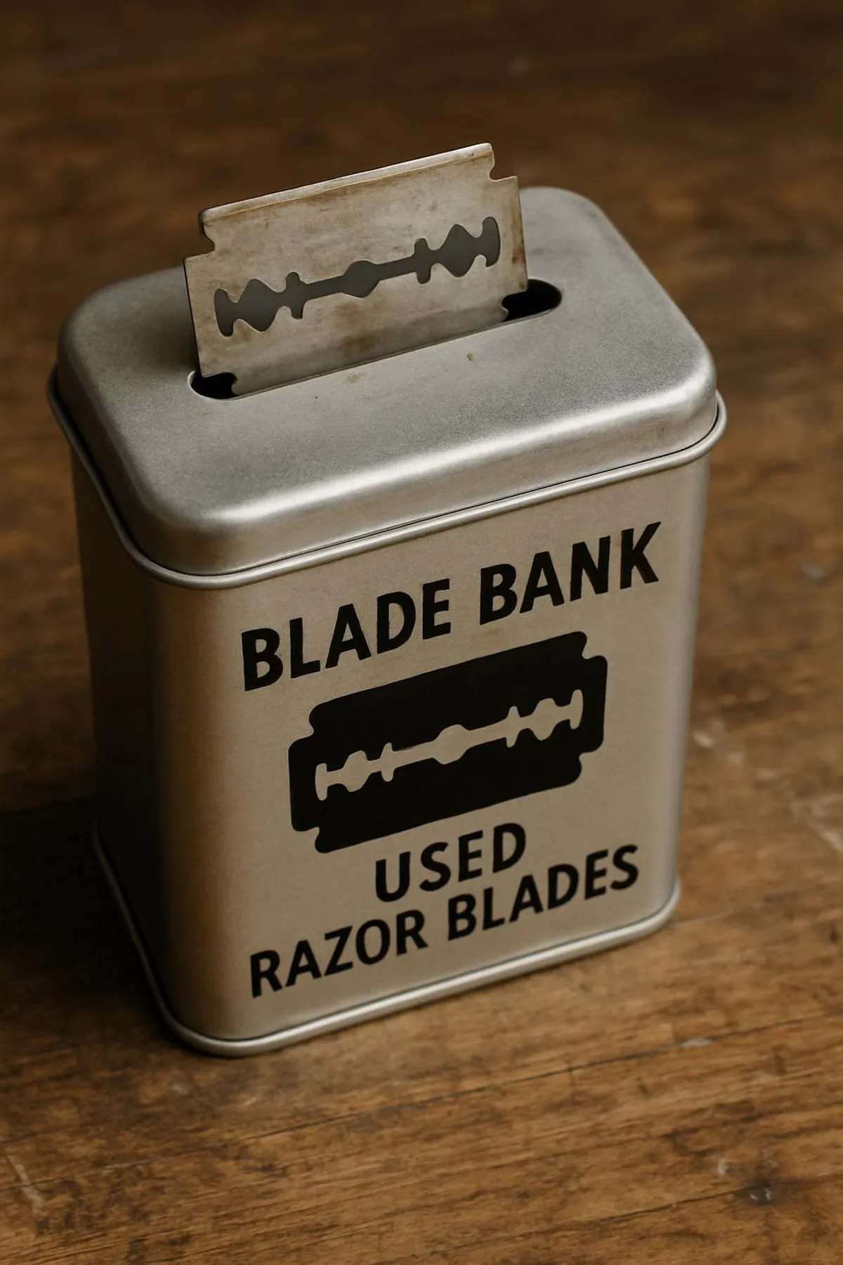 Used razor blades safely stored in a blade bank tin