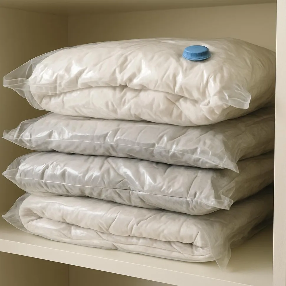 Vacuum storage bags compressing bulky bedding on a shelf
