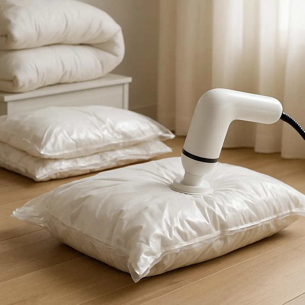 Vacuum storage bags compressing bulky duvets