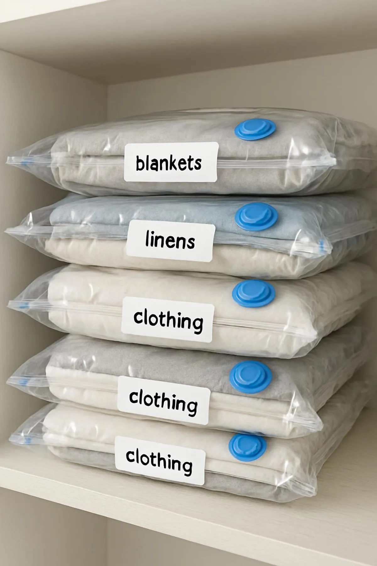 Vacuum storage bags neatly labeled and stacked on a top shelf