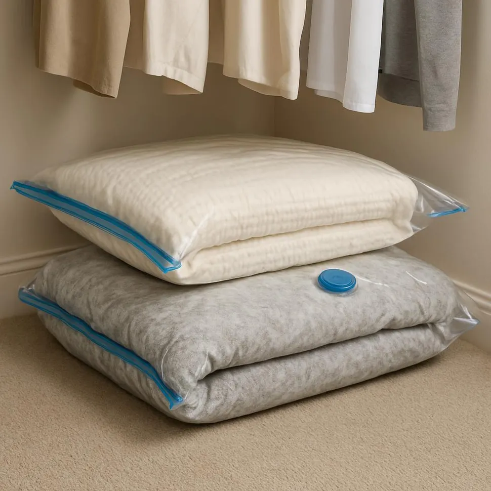 Vacuum storage bags storing bulky blankets on a closet floor