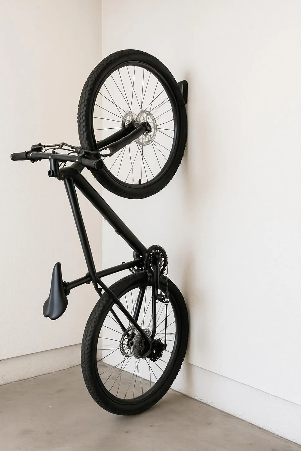 Vertical bike storage along a white garage wall