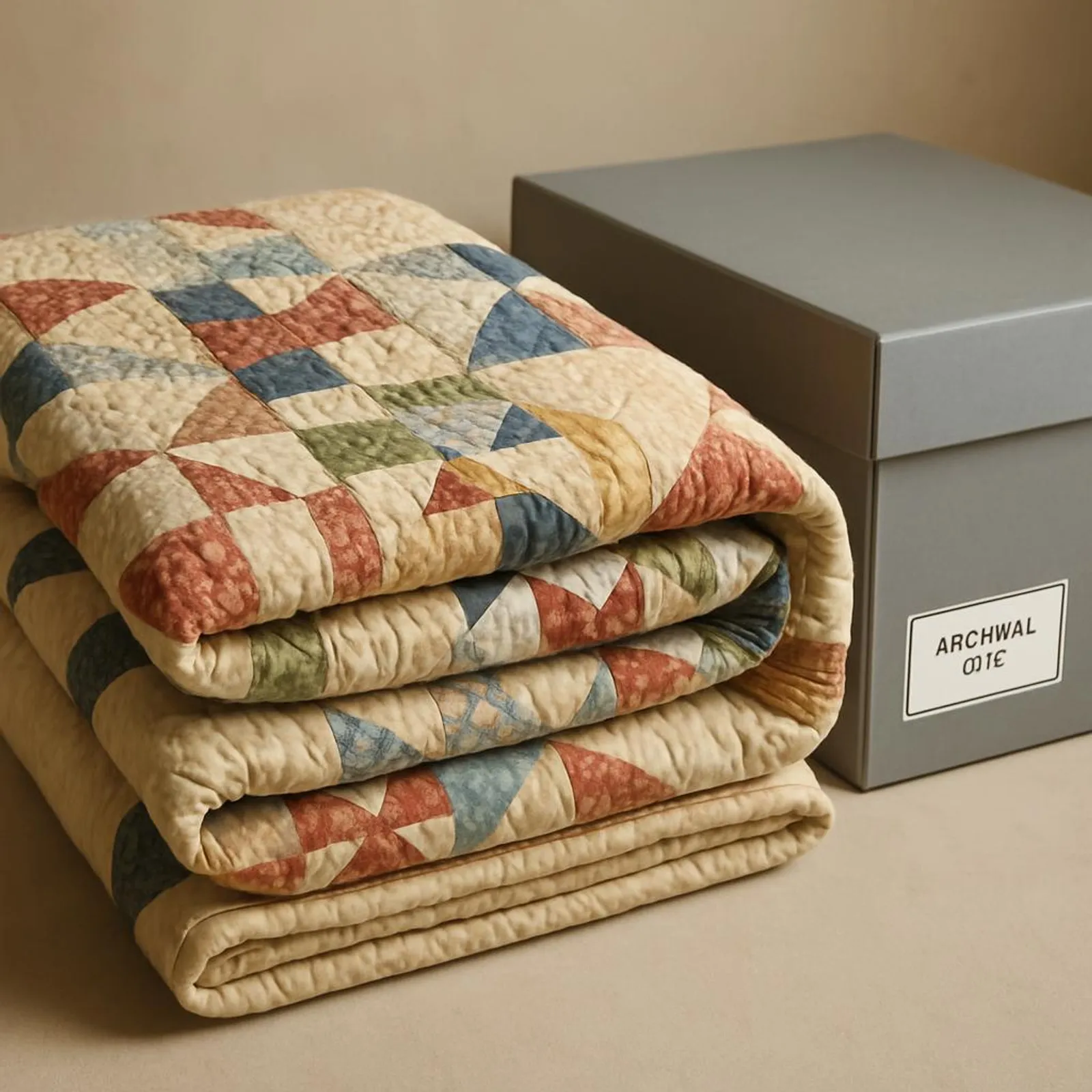 Vintage quilt folded neatly with a labeled archival box nearby