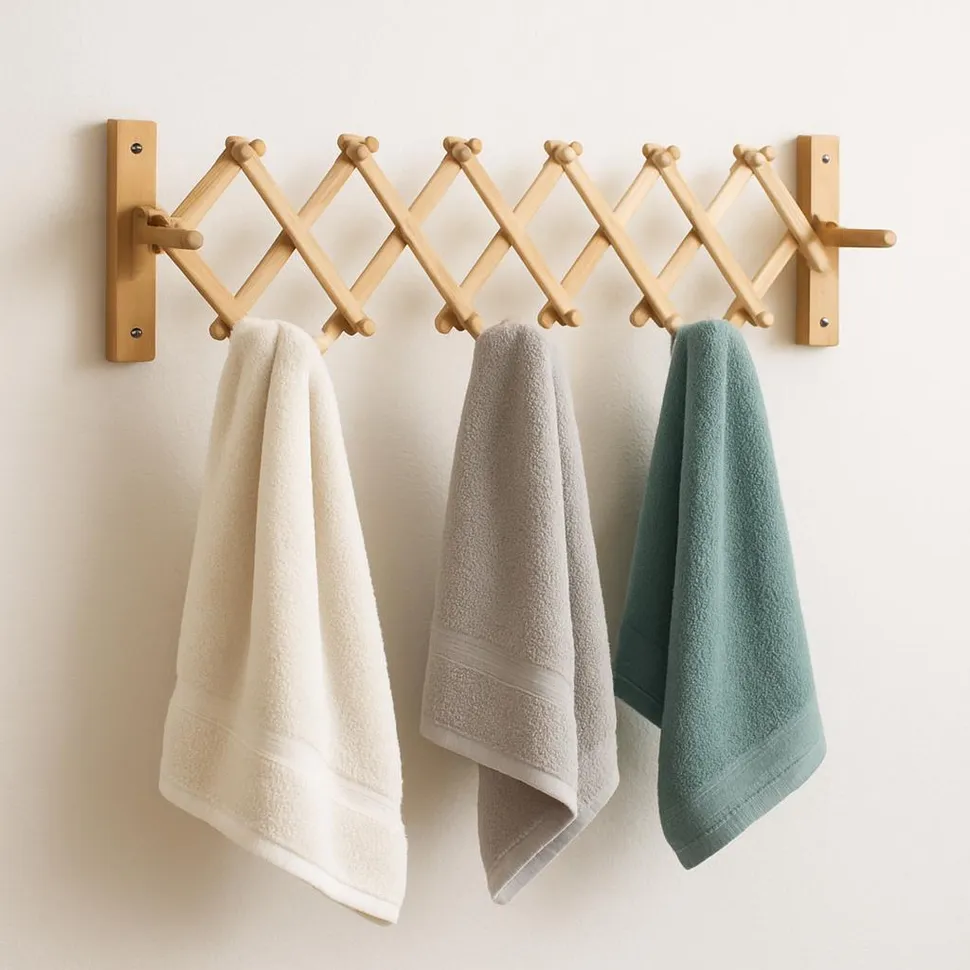 Wall-mounted accordion drying rack expanded with towels