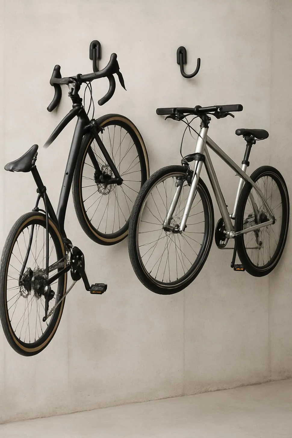 Wall-mounted bike hooks holding two bicycles