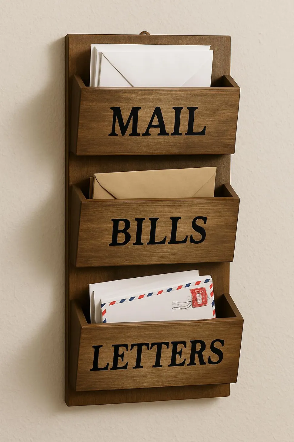 Wall-mounted mail organizer with three labeled slots