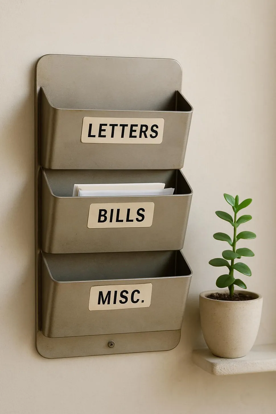 Wall-mounted mail sorter with labeled slots and a tiny plant