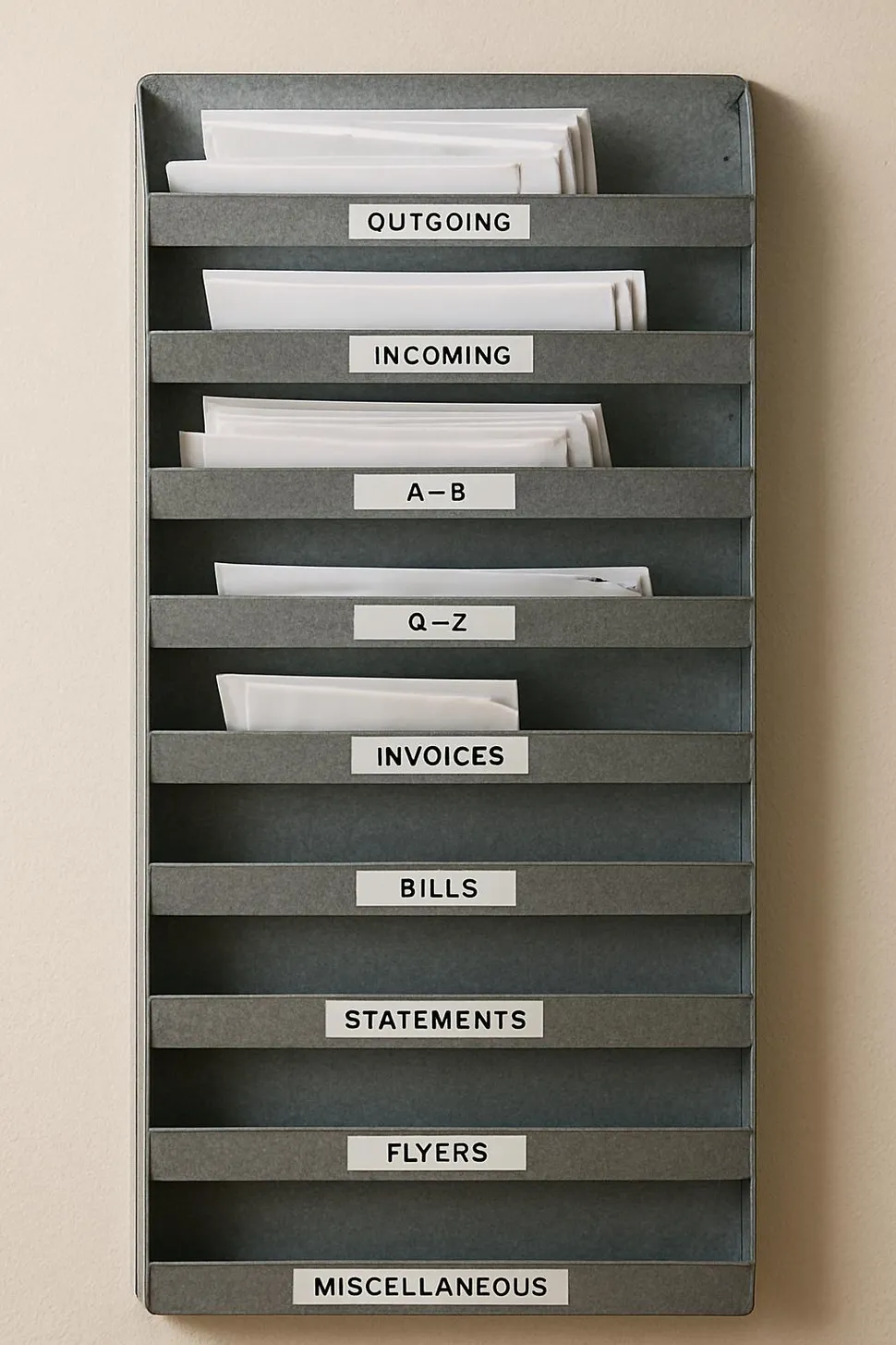 Wall-mounted mail sorter with labeled slots