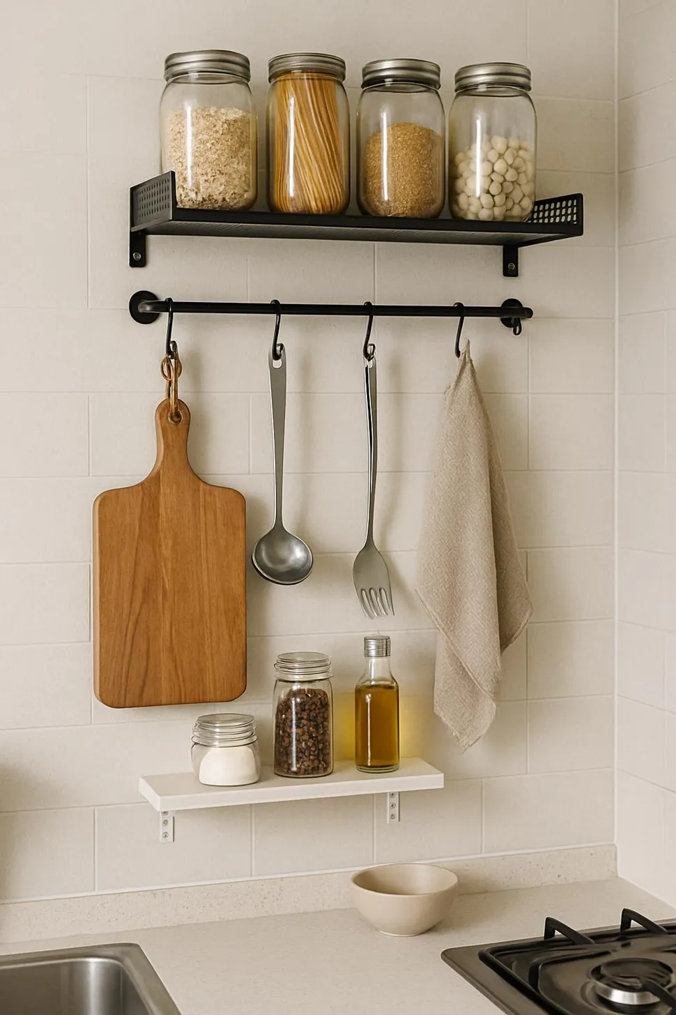 Wall-mounted storage in a small kitchen