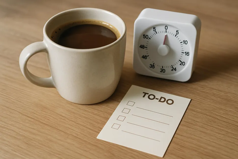 Warm coffee cup beside a simple timer and to-do card