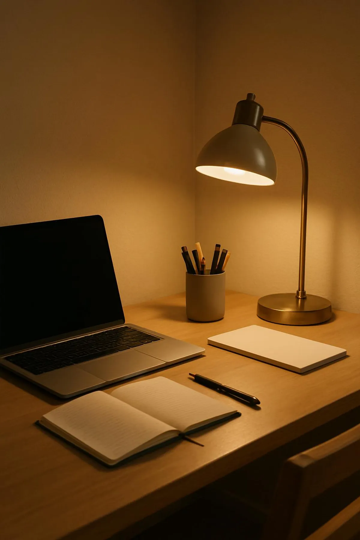 Warm desk lamp on a tidy workspace signaling the end of the day