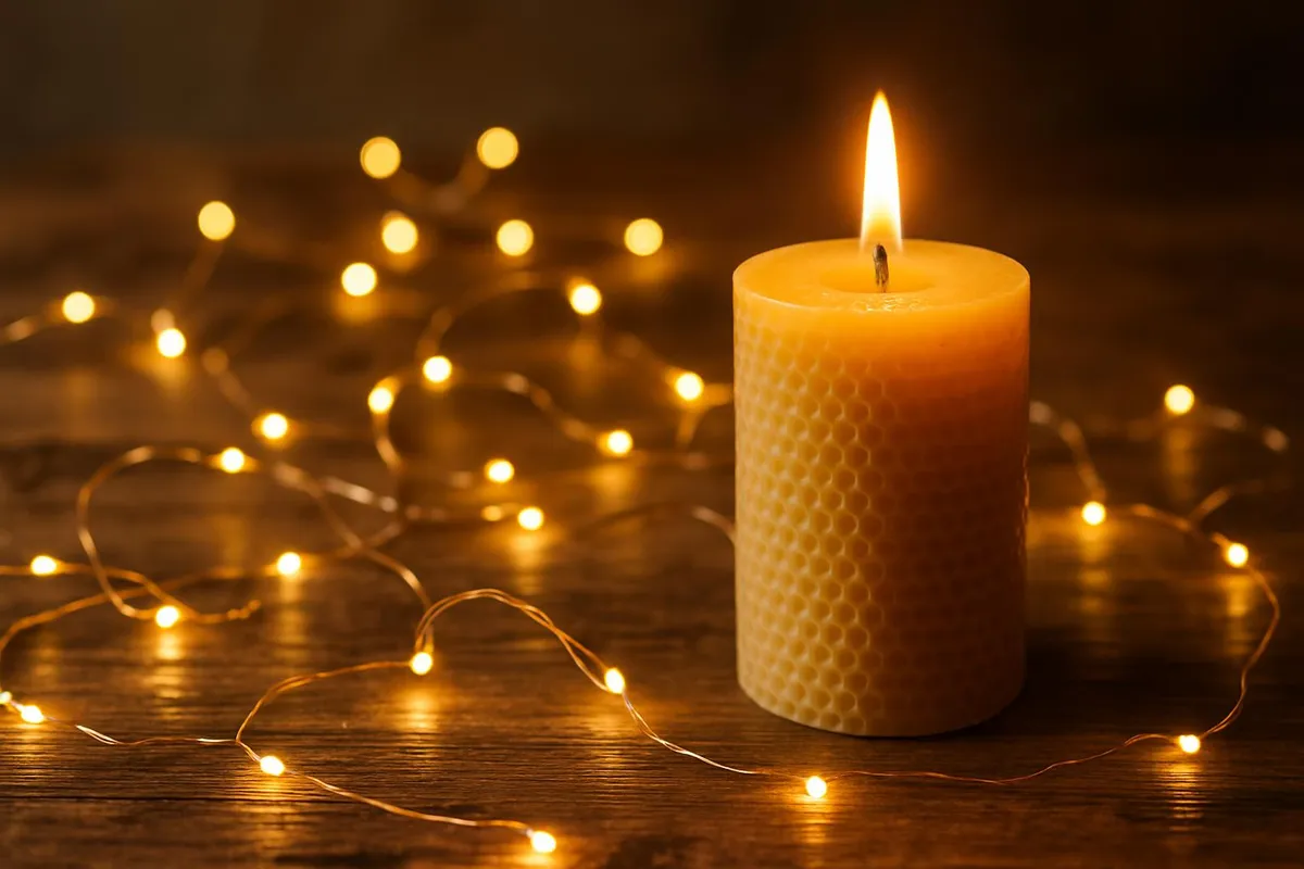 Warm LED string lights and a beeswax candle on a wooden table